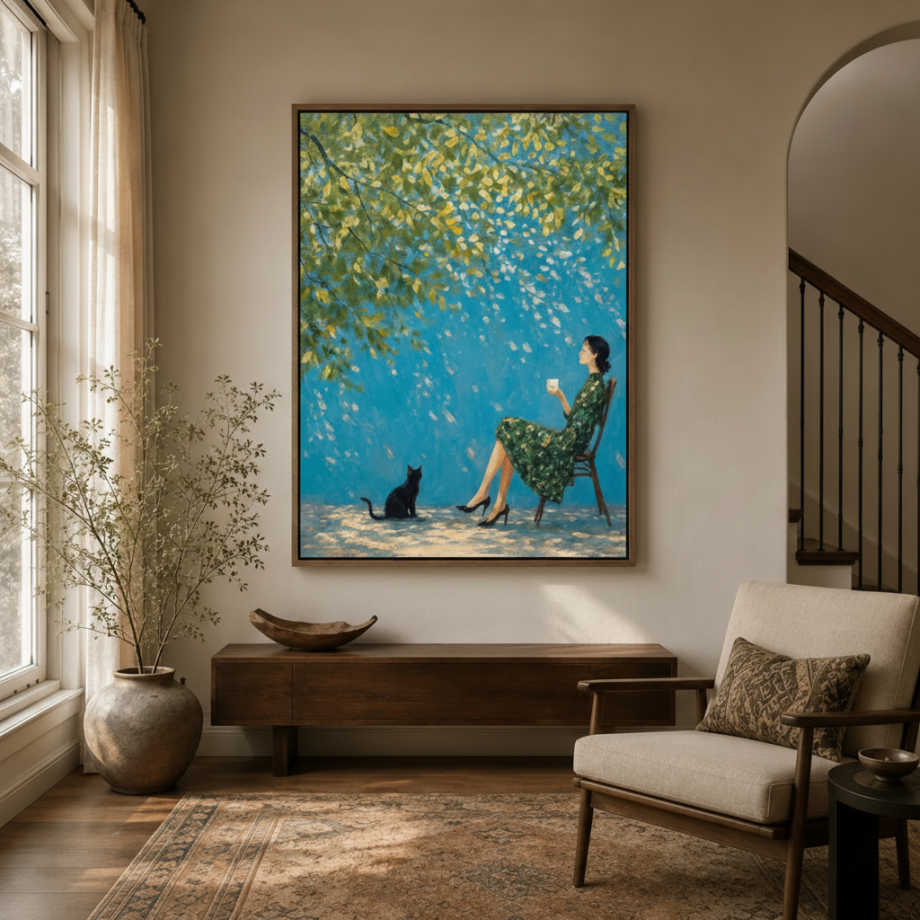 Elegant woman black cat impressionist canvas in walnut frame displayed in bright entryway above console