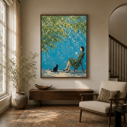 Elegant woman black cat impressionist canvas in walnut frame displayed in bright entryway above console