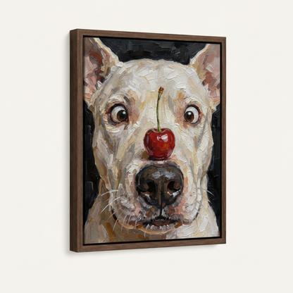 Funny dog portrait impasto painting in dark walnut float frame on off-white wall, angled side view