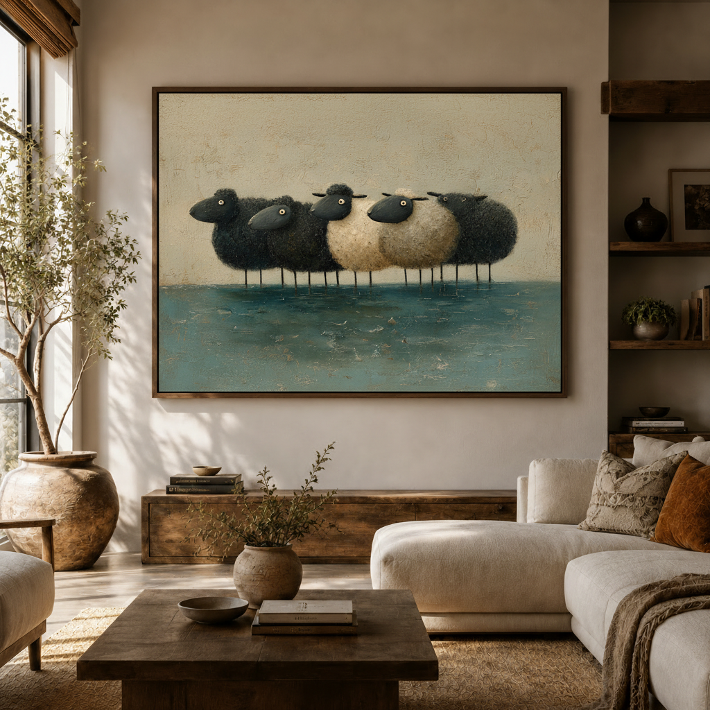 Surreal round sheep teal water impasto canvas wall art above console in bright Japandi living room white sofa
