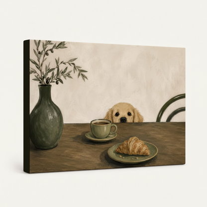 Gallery-wrapped curious dog canvas print, left-angle view showing thick canvas depth on white background