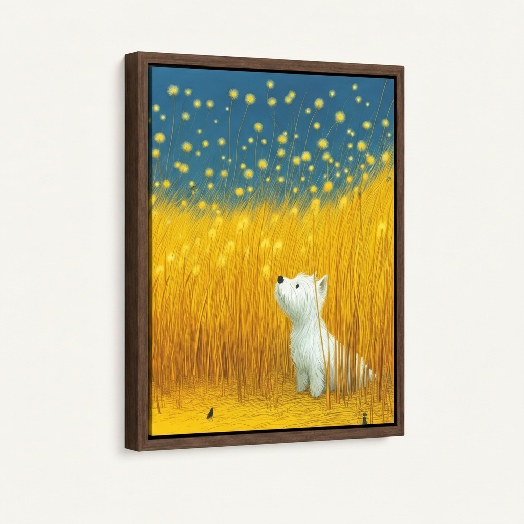 Framed canvas angled view of white Westie gazing at glowing fireflies in golden field, deep teal sky