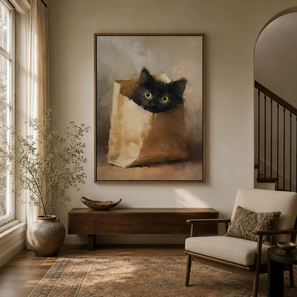 Realistic black cat canvas in walnut float frame displayed in bright warm modern entryway