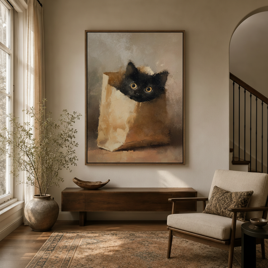 Realistic black cat canvas in walnut float frame displayed in bright warm modern entryway