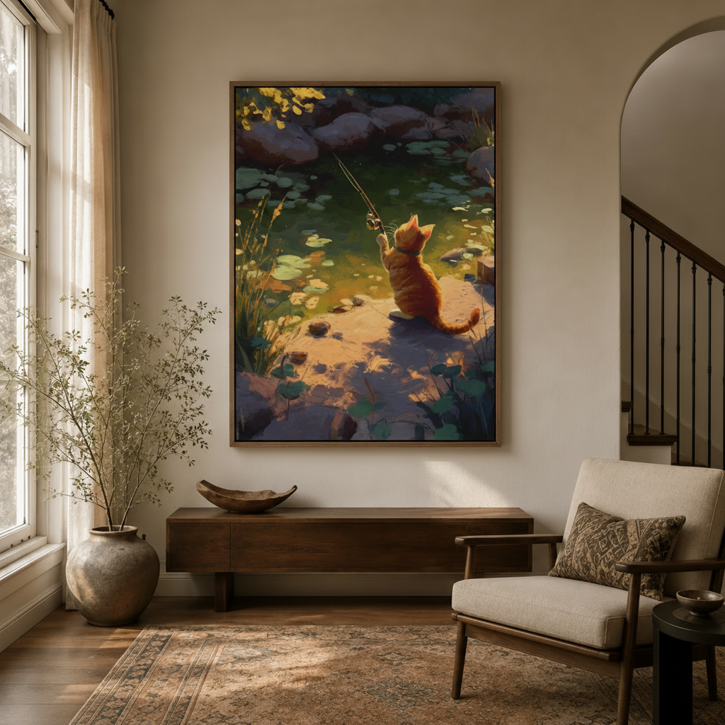 Dreamy orange cat canvas wall art displayed in warm entryway with arched doorway