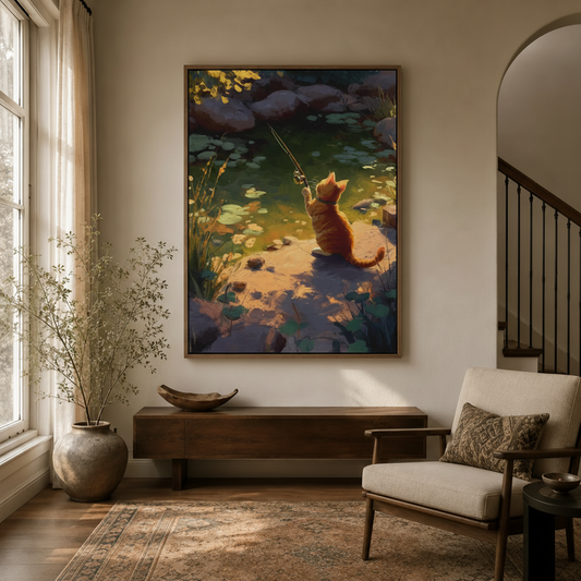 Dreamy orange cat canvas wall art displayed in warm entryway with arched doorway