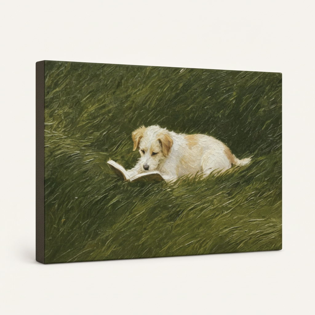 Gallery-wrapped puppy reading canvas on white background showing side wrap depth and texture