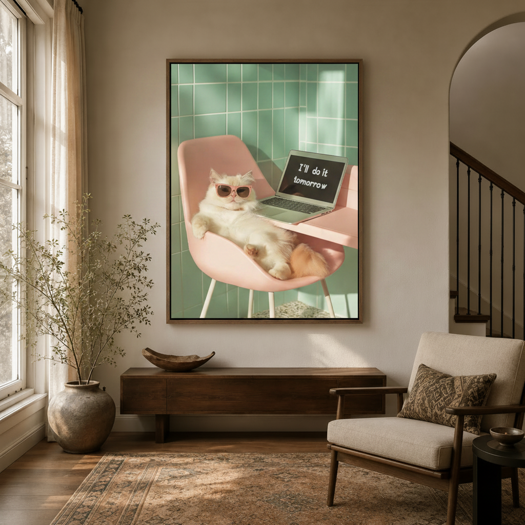 Funny cat with sunglasses and laptop canvas in walnut float frame in bright modern entryway