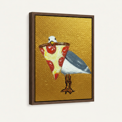 Framed whimsical wall art canvas with funny pizza bird in dark walnut float frame