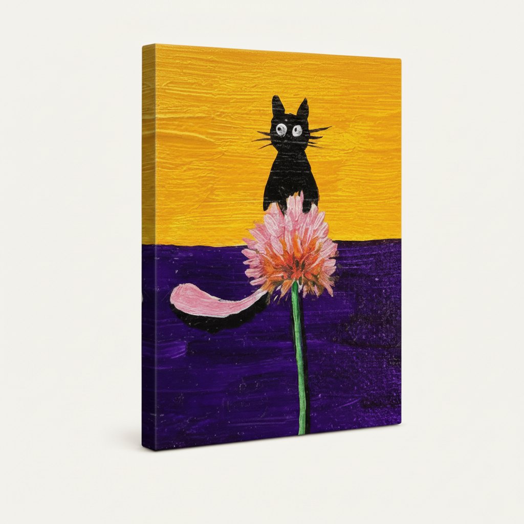 Gallery-wrapped black cat floral canvas art, gold and purple impasto painting, frameless side view