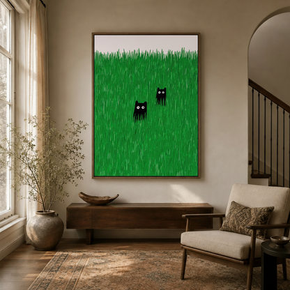 Minimalist cat wall art styled in an elegant entryway with arched doorway and warm natural light