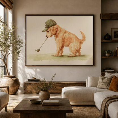 Golden retriever puppy golf hat hand-drawn canvas wall art above console in bright Japandi living room