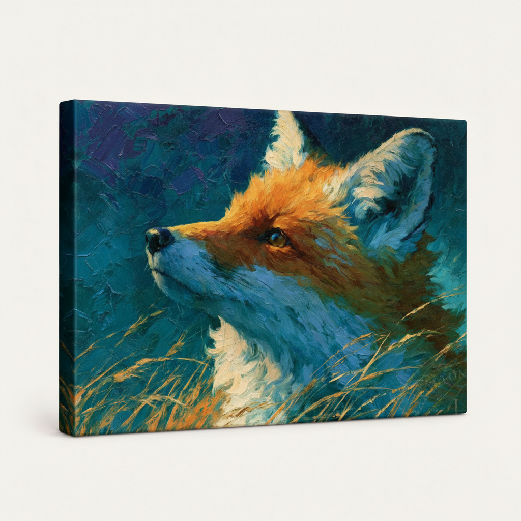 Gallery-wrapped fox canvas print with expressive brushstrokes, unframed angled mockup on white