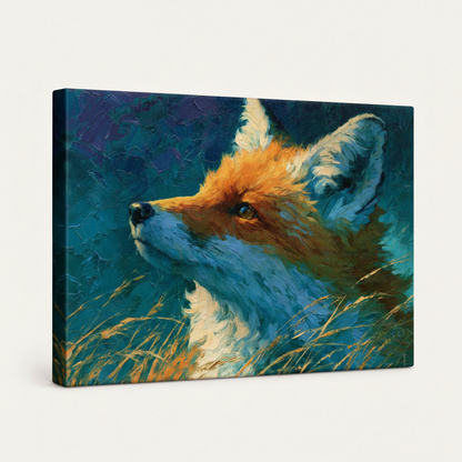 Gallery-wrapped fox canvas print with expressive brushstrokes, unframed angled mockup on white
