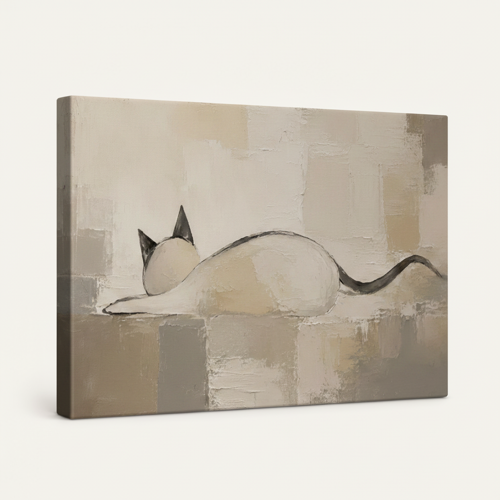 Gallery-wrapped minimalist cat canvas print shown at an angle on white background