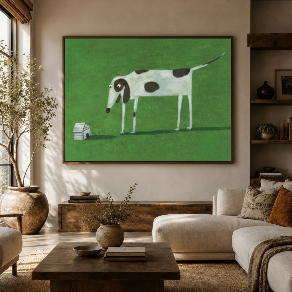 Humorous big dog cartoon canvas wall art above sideboard in bright Japandi living room white sofa setting