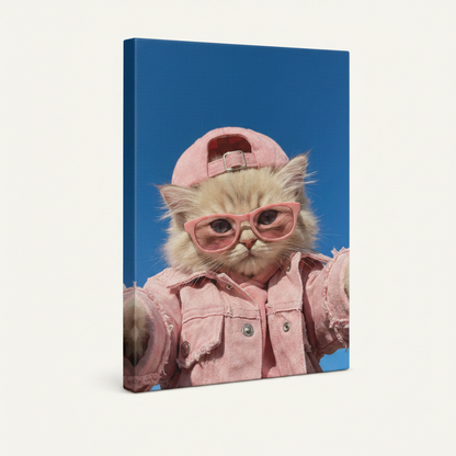 Gallery-wrapped canvas of a fluffy cat in pink cap taking a selfie, side view showing canvas depth