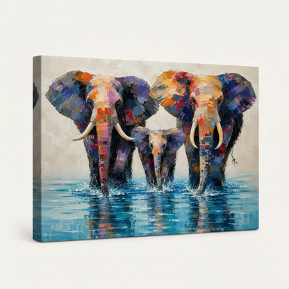 Gallery-wrapped colorful elephant wall art featuring an abstract elephant family wading through water, shown at an angle.