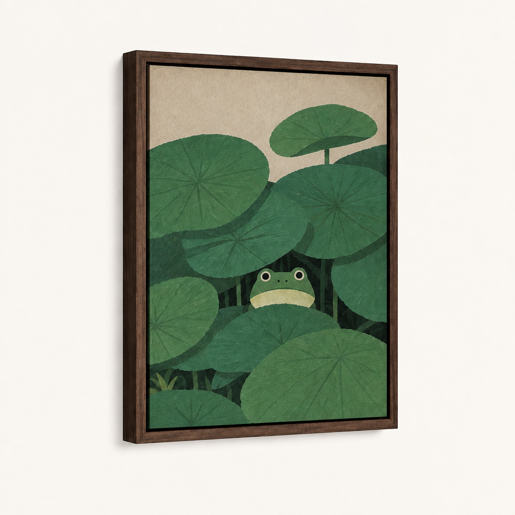 Cute frog lotus leaf rain canvas in dark walnut float frame, 3/4 angle on off-white background
