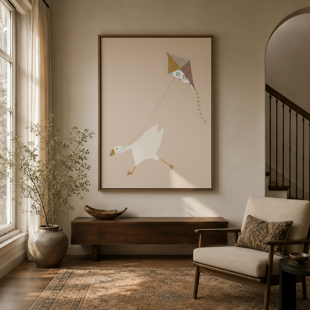 Goose flying geometric kite canvas in float frame above dark walnut entryway credenza, warm sandy tones