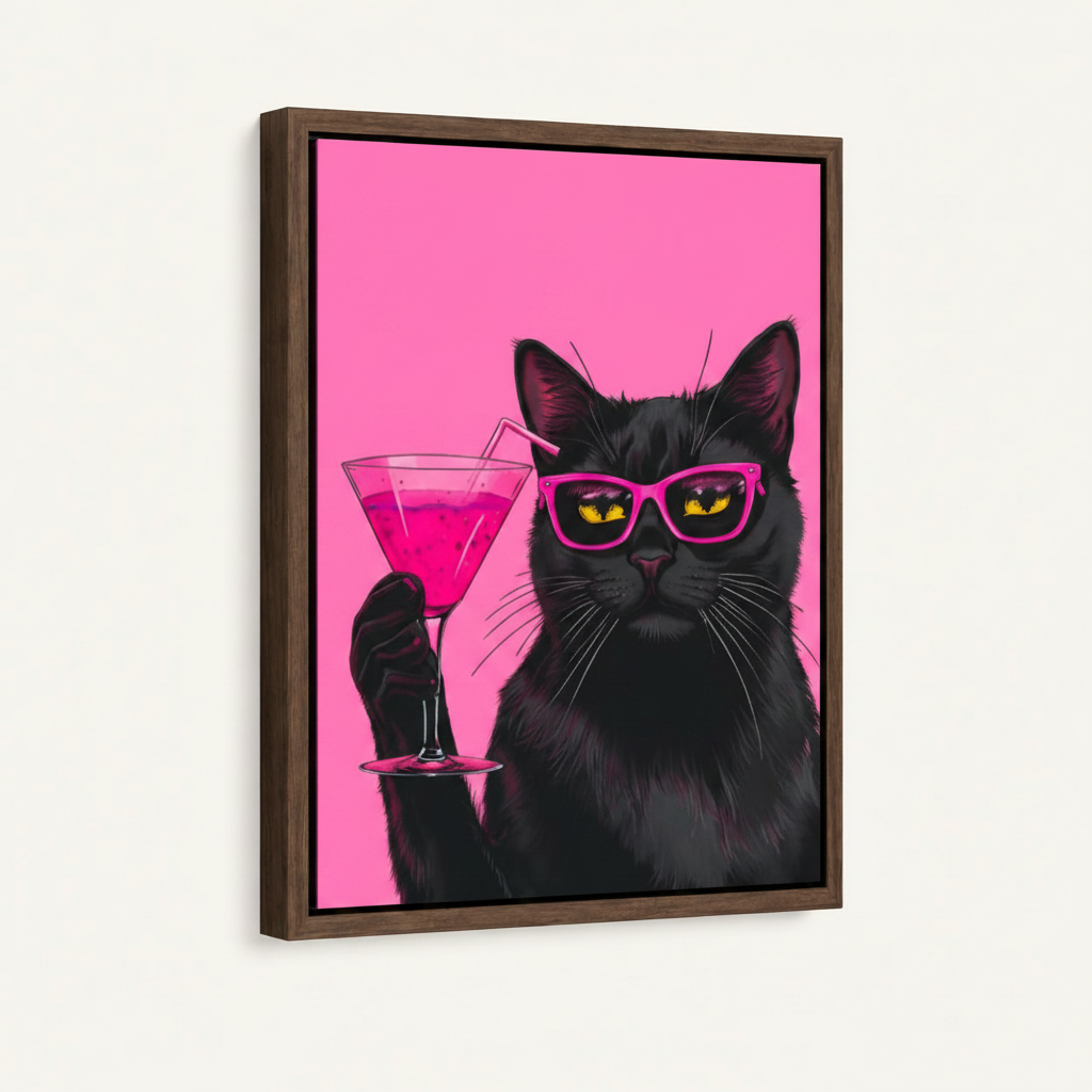 Framed black cat cocktail pop art canvas wall art on white background with dark walnut float frame