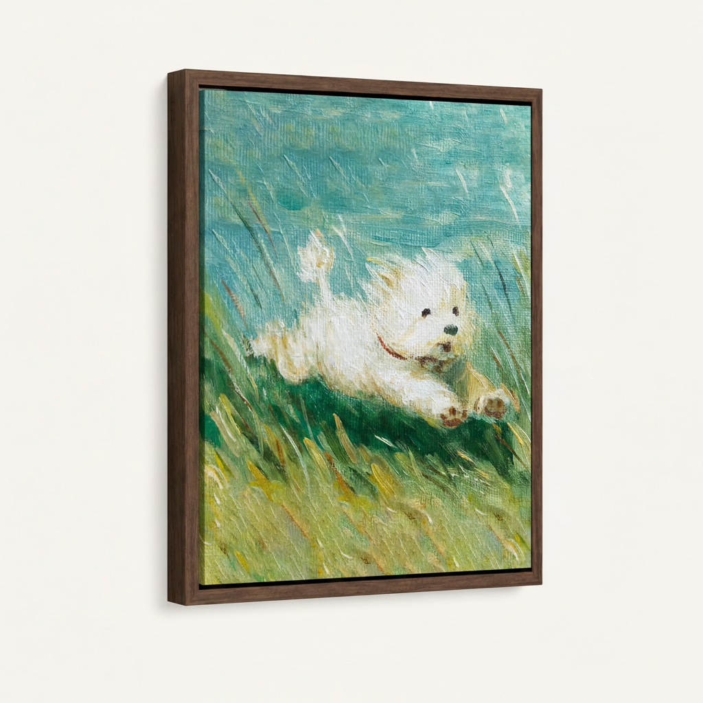 White terrier dog canvas art in dark walnut float frame, product detail view on white background