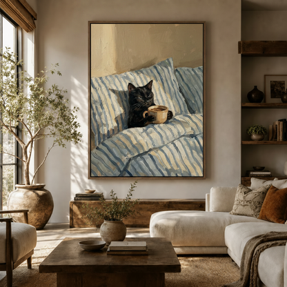 Large black cat coffee canvas art in dark walnut float frame displayed in bright boho living room