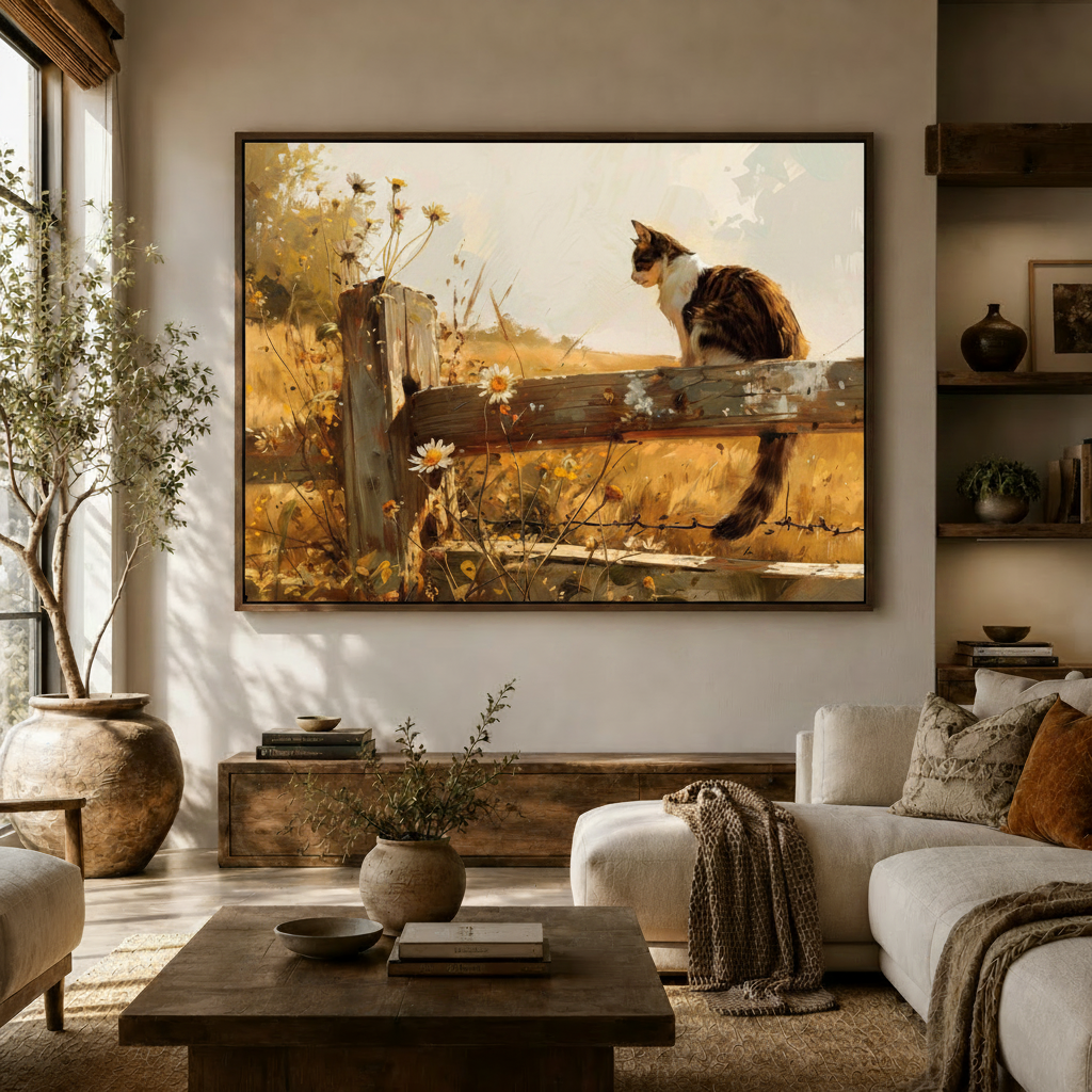 Farmhouse style cat on fence meadow canvas wall art above sideboard in modern living room white sofa