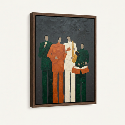 Four faceless musicians green orange white impasto canvas print in dark walnut floating frame on white background