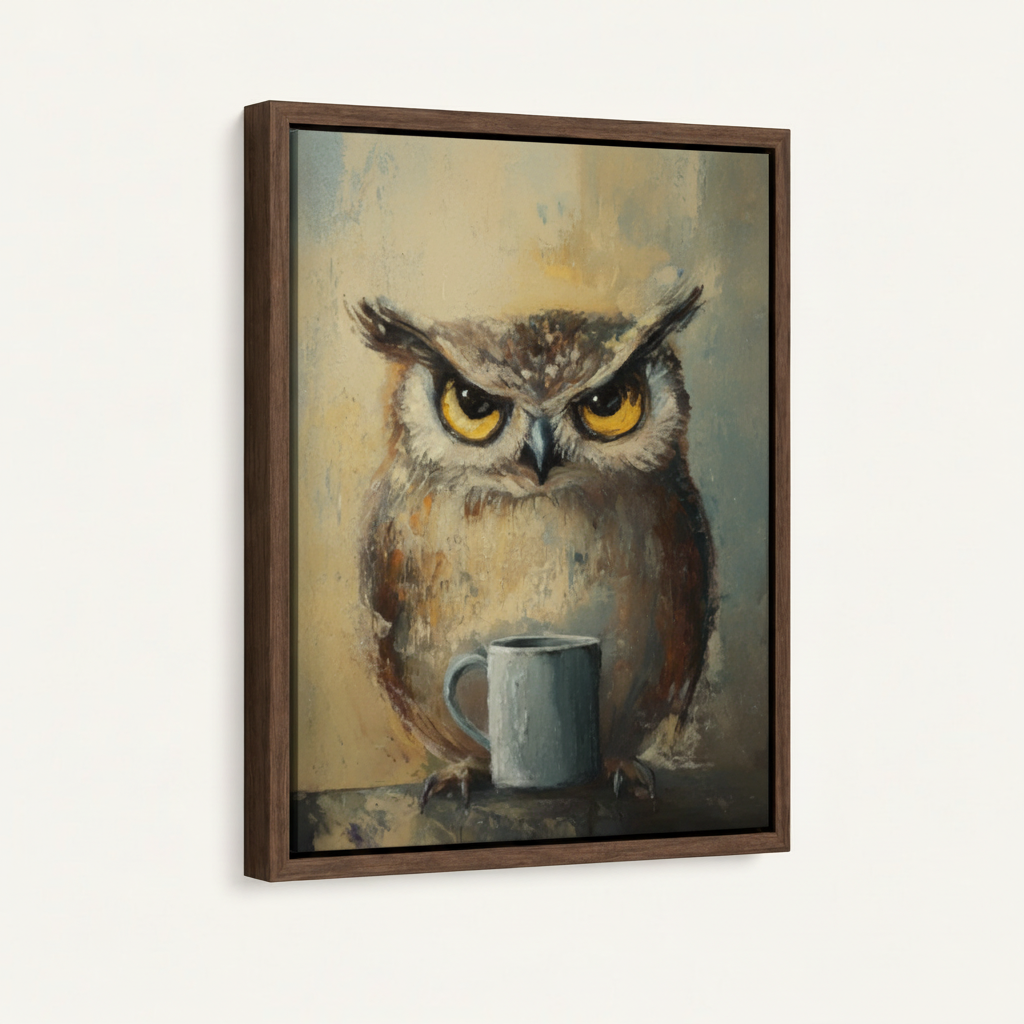 Owl with coffee mug in solid dark walnut frame, white background 3/4 angle product shot