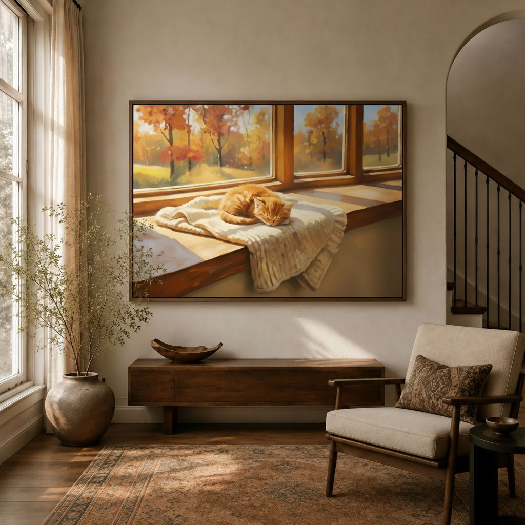 Framed cozy autumn cat windowsill canvas wall art above sideboard in warm modern entryway sitting room