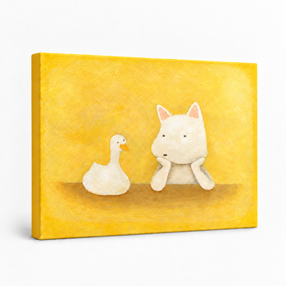 Gallery-wrapped canvas with yellow duck and dog painting and color-matched edge on a white background