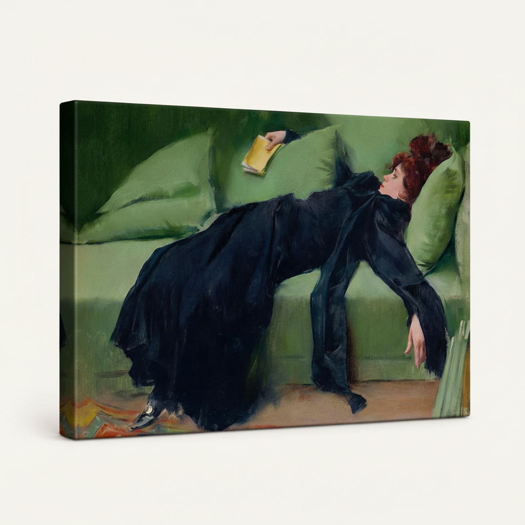Gallery wrapped woman in black dress impressionist canvas print side angle view on white background