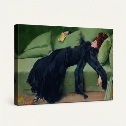 Gallery wrapped woman in black dress impressionist canvas print side angle view on white background