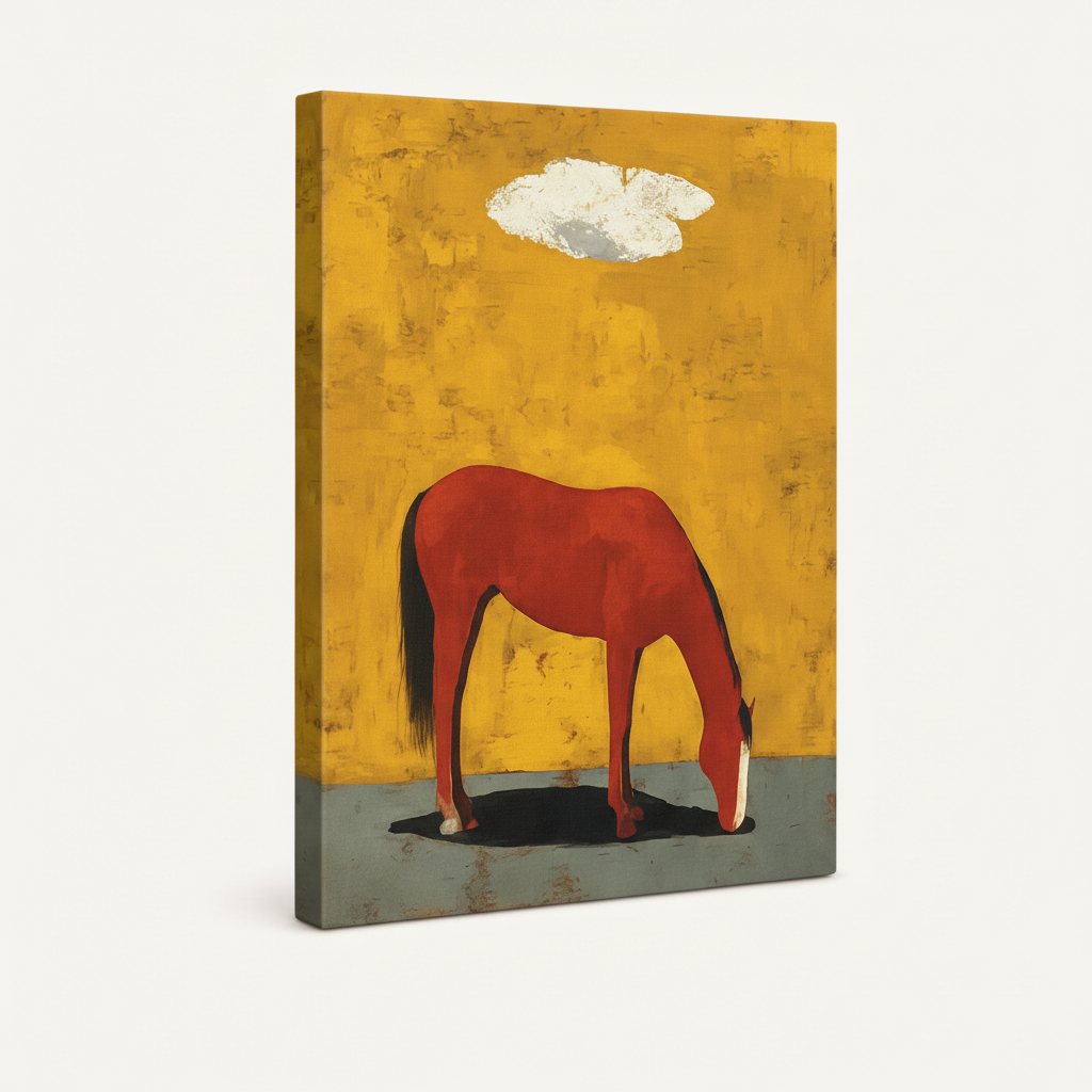 Gallery-wrapped red horse canvas painting showing side depth on clean white background