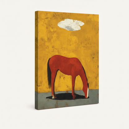 Gallery-wrapped red horse canvas painting showing side depth on clean white background