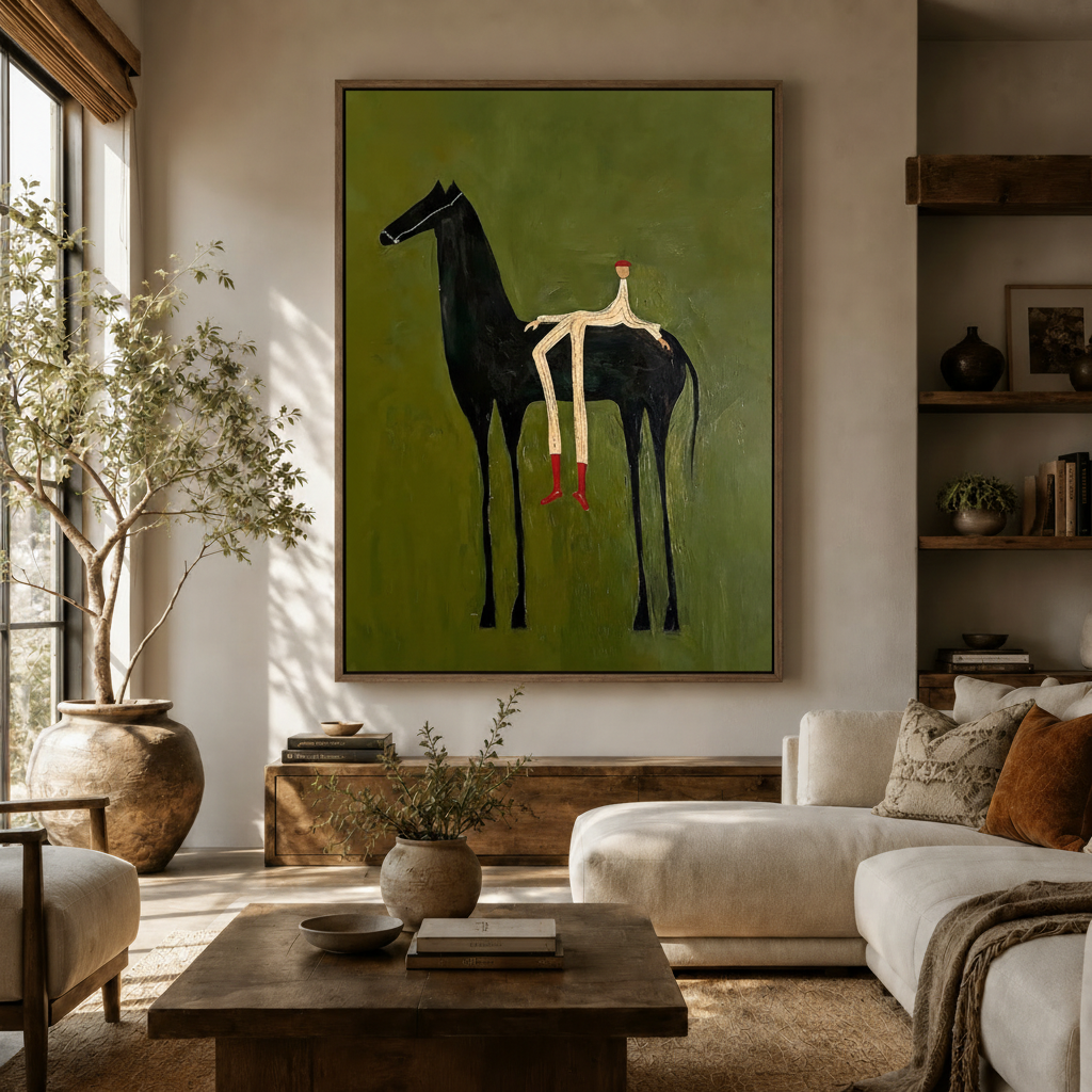 Black horse rider folk art canvas print in dark walnut floating frame displayed in warm modern living room