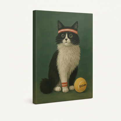 Gallery-wrapped canvas wall art of a vintage tennis cat illustration, side view showing canvas depth