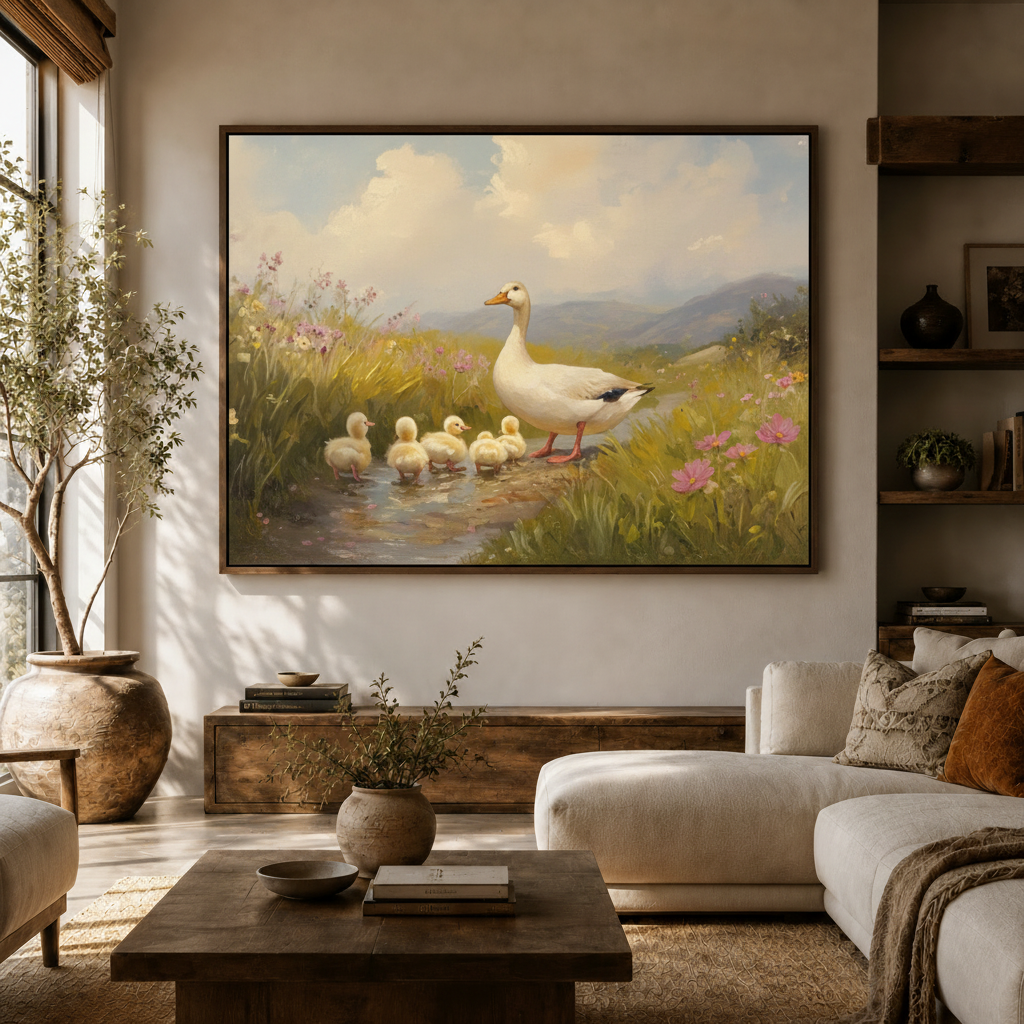 Goose ducklings wildflower meadow canvas wall art above console in bright Japandi living room white sofa