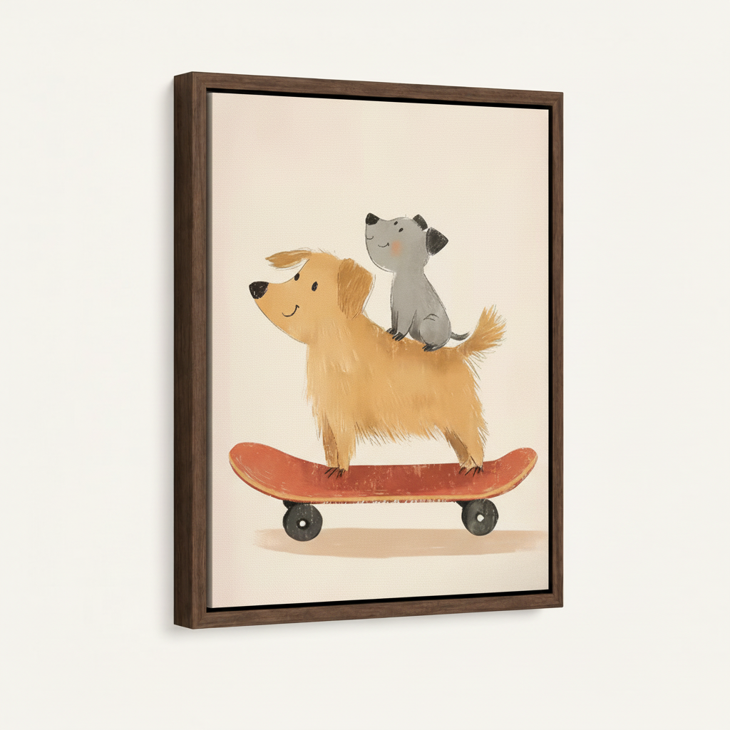 Flat illustration canvas art of dog and cat on skateboard in dark float frame three-quarter view
