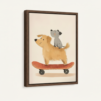 Flat illustration canvas art of dog and cat on skateboard in dark float frame three-quarter view