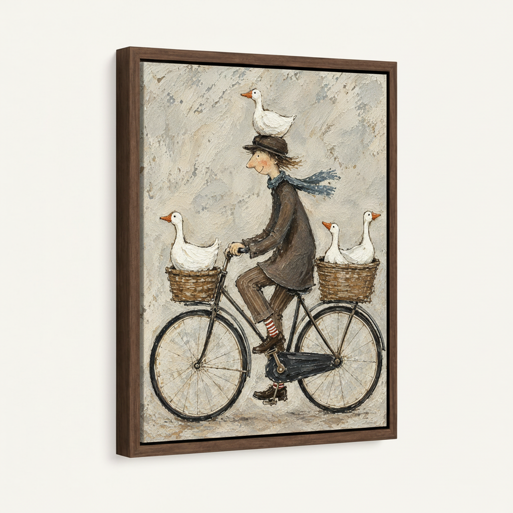 Framed canvas wall art print of whimsical bicycle goose folk art shown at angle on white background