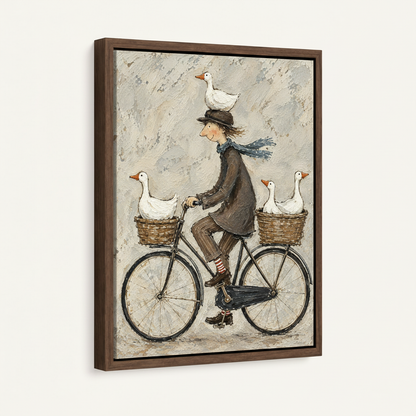 Framed canvas wall art print of whimsical bicycle goose folk art shown at angle on white background