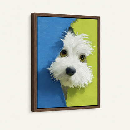 Framed white dog oil painting in thin dark walnut float frame displayed on white background