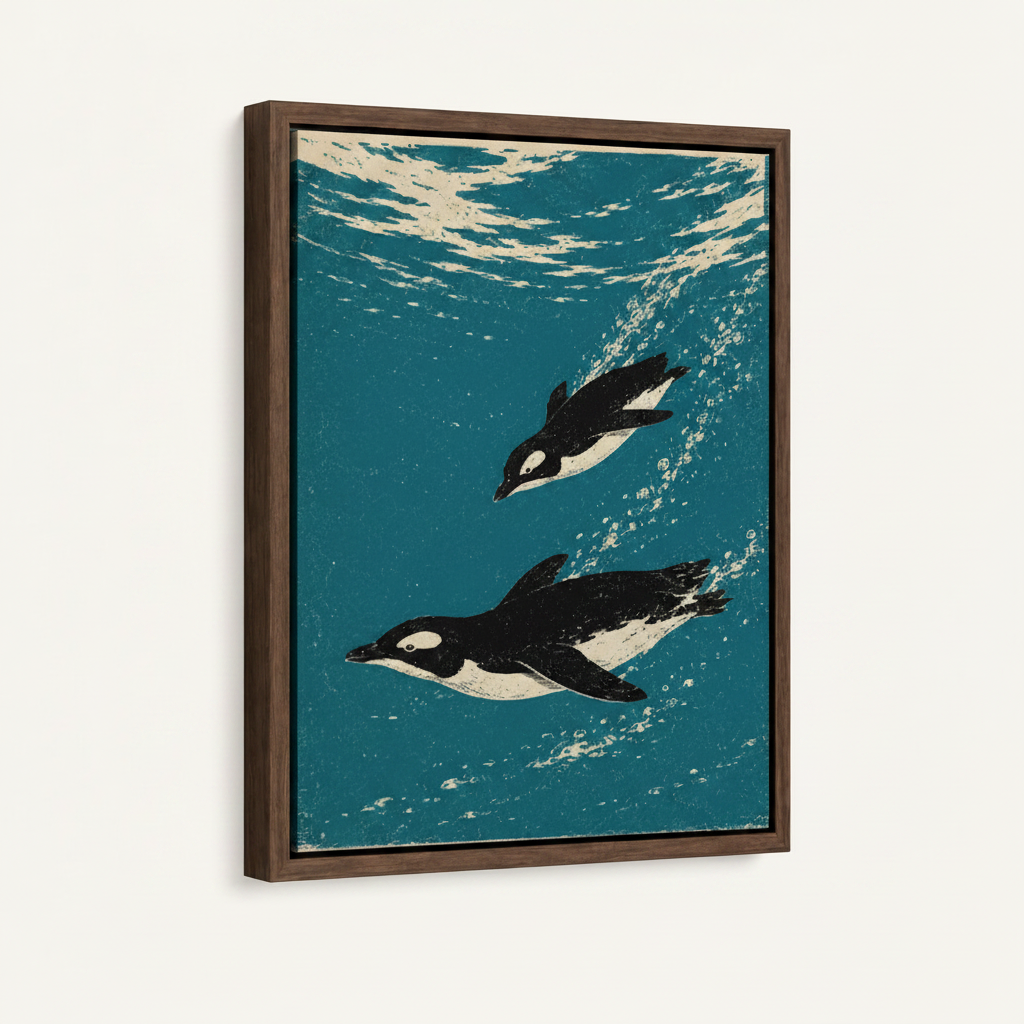 Swimming penguins ocean linocut canvas in dark walnut float frame displayed at 3/4 angle on clean white background