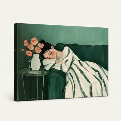 Gallery-wrapped canvas of serene figurative painting, side angle showing canvas depth and brushwork