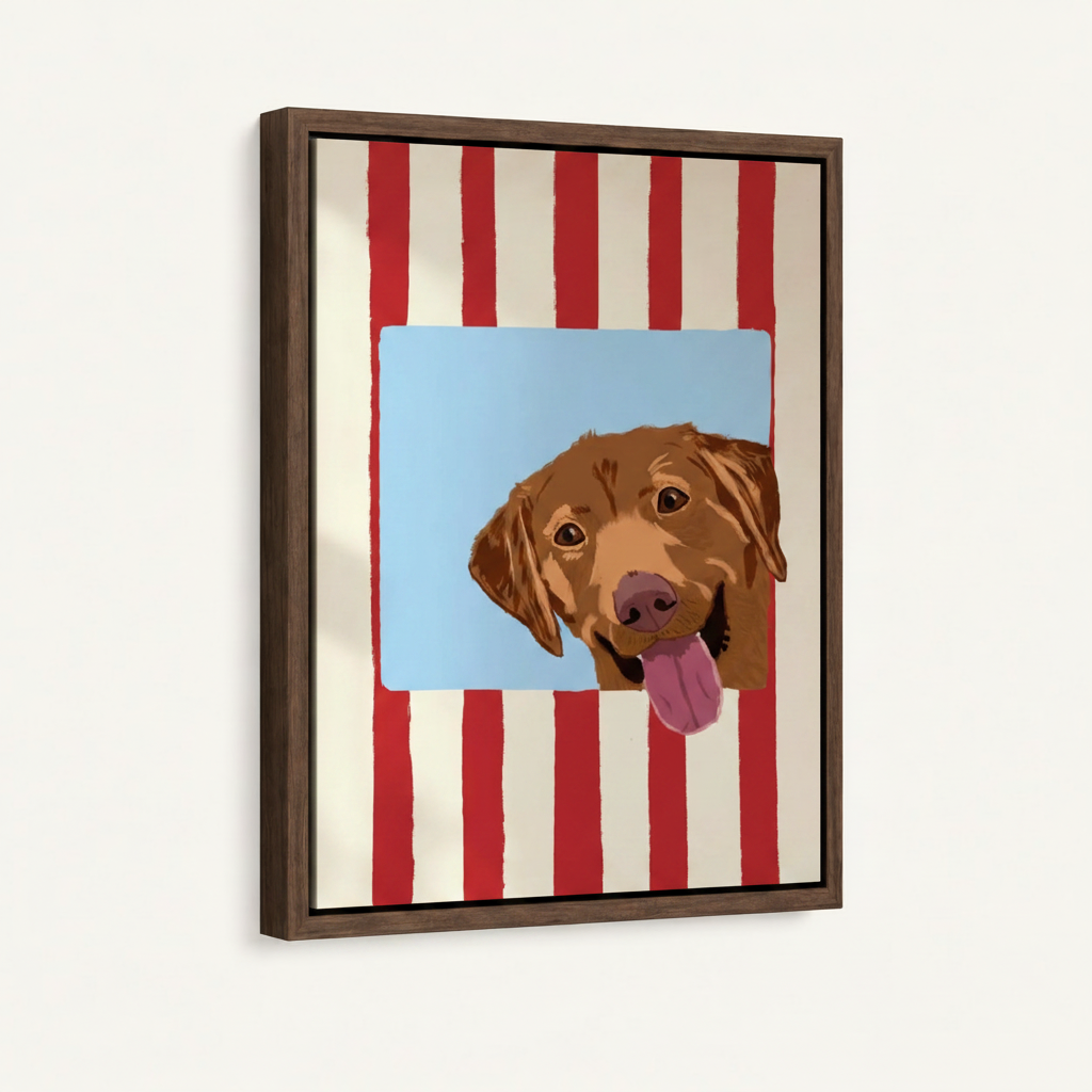 Golden retriever canvas in dark walnut float frame product mockup white background