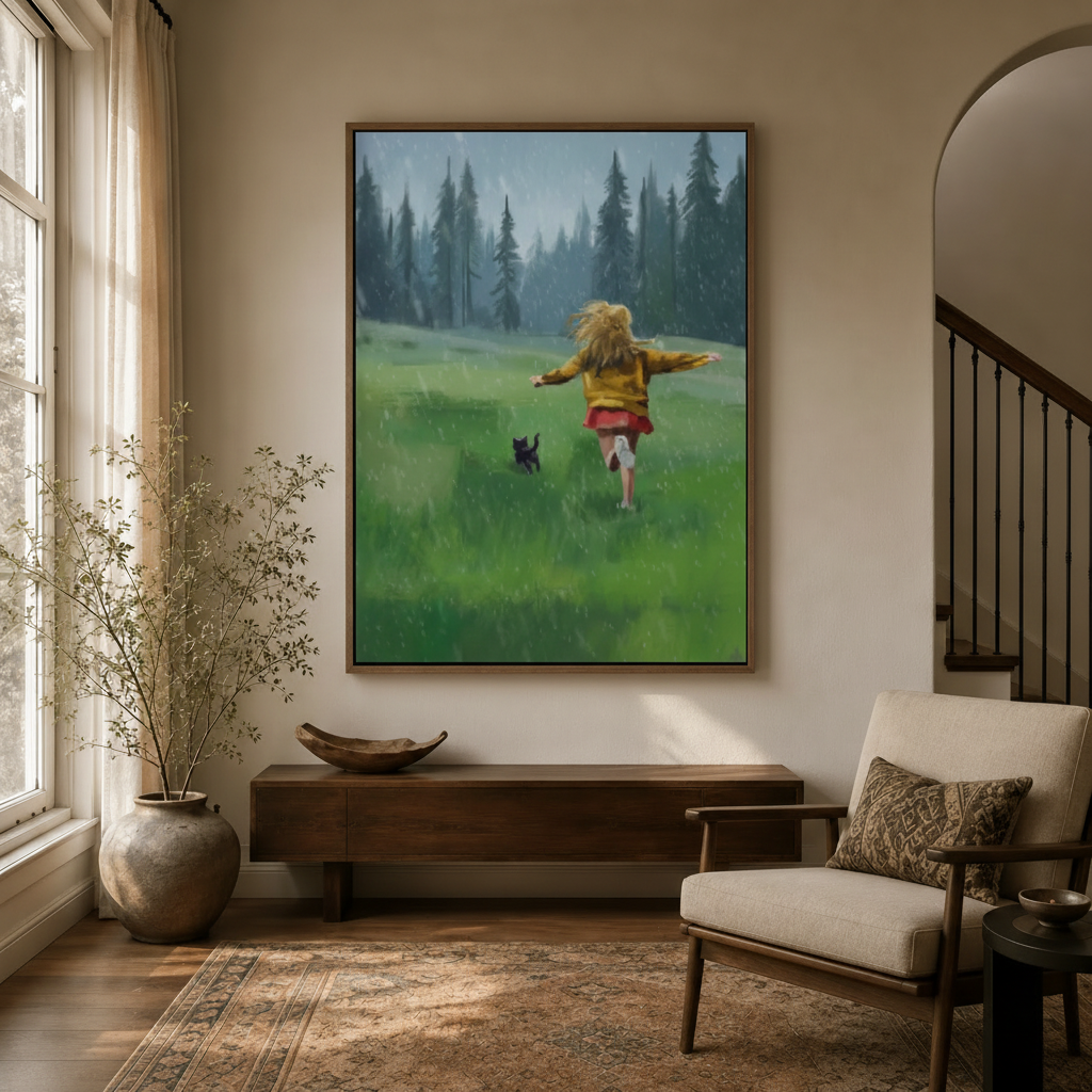 Girl running rain meadow pine forest canvas hung above console in bright entryway with Persian rug