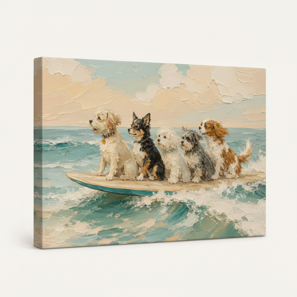 Angled gallery-wrapped surfing dogs canvas showing painterly ocean artwork across frameless edges