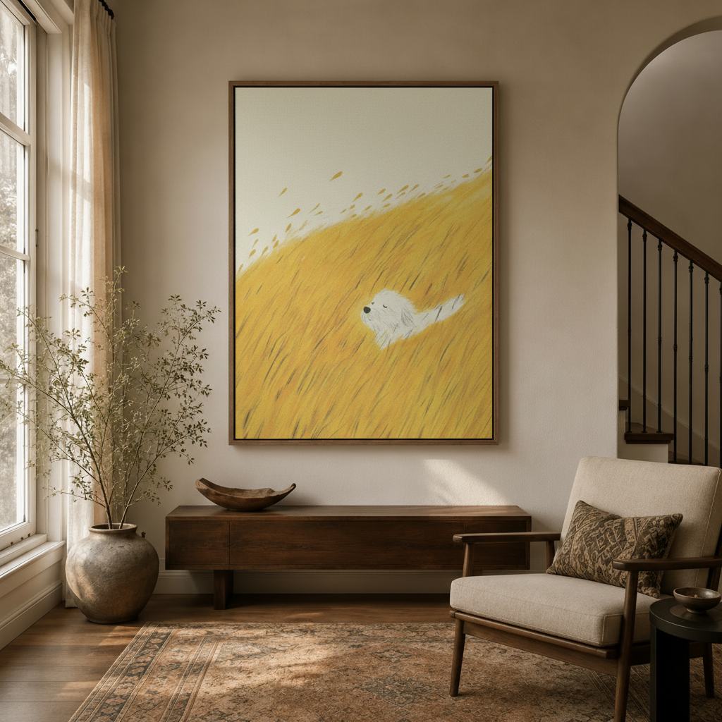 Soft illustrative dog in golden field canvas in walnut frame displayed in bright modern entryway